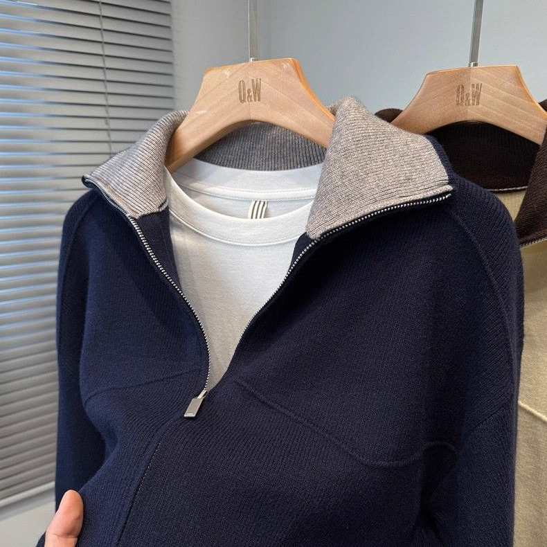 2025 Otoño Invierno Coloración contraste Cardigan de punto con la solapa hombre Casual simple suéter chaqueta suelta sobregrande chaqueta hombre