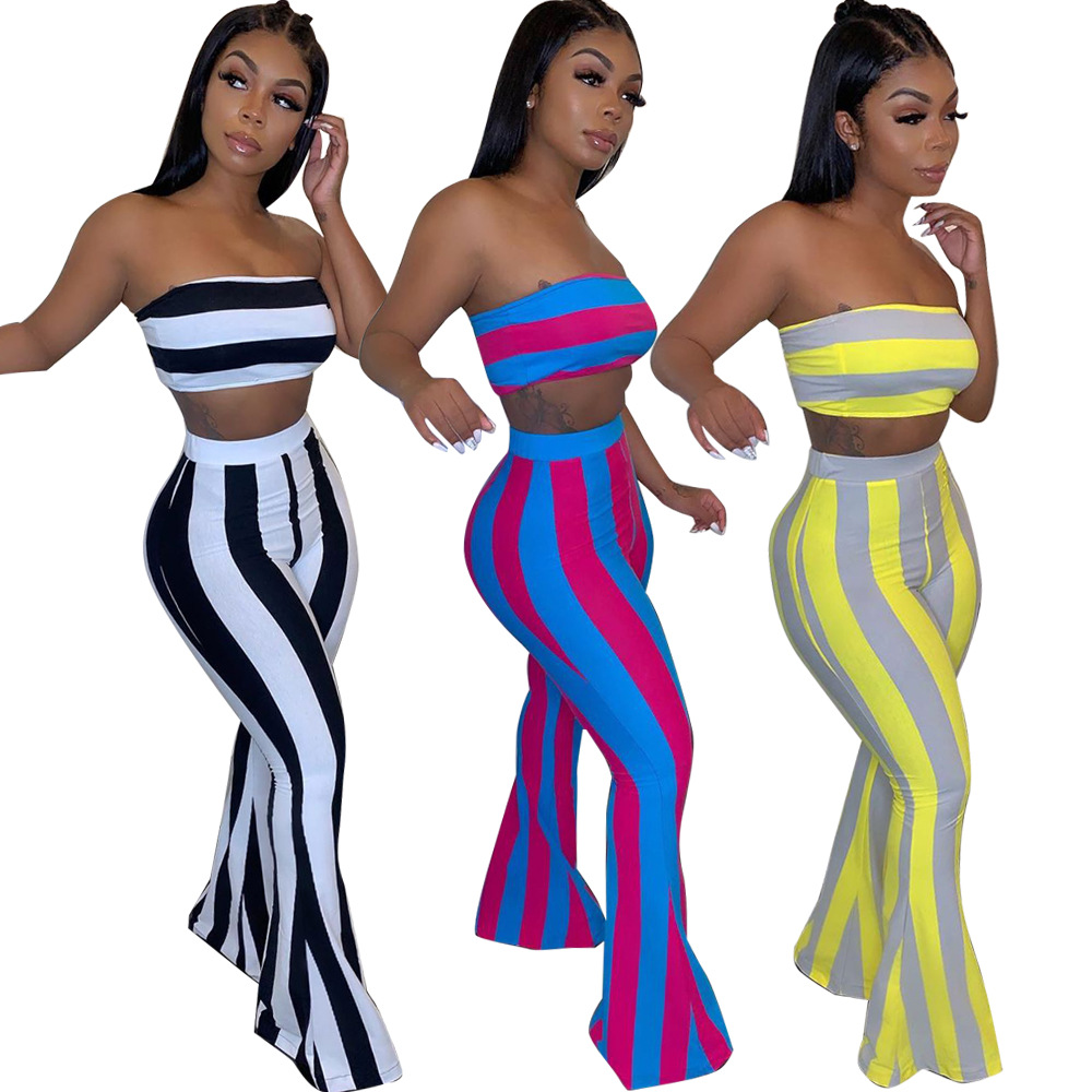 Damen Bandeau Oberteil Und Schlaghose Im Streifenlook Set_voghion.com