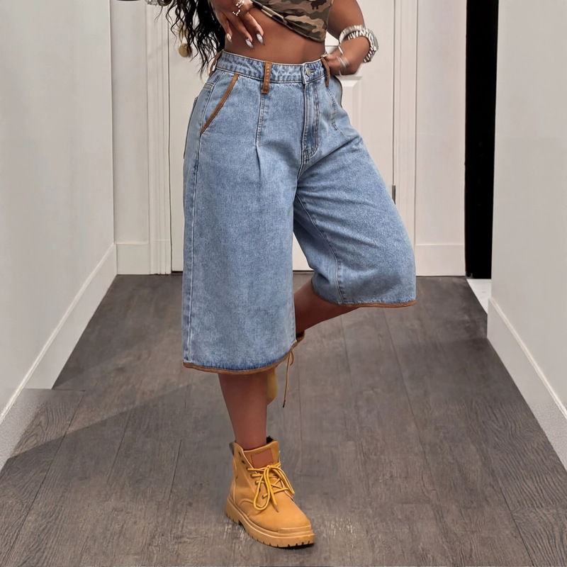 Women's Light Blue High-Waisted Denim Wide-Leg Mid-Length Pants - Loose Knee-Length Shorts with Contrasting Color Cuffs Women's Light Blue High-Waisted Denim Wide-Leg Mid-Length Pants - Loose Knee-Length Shorts with Contrasting Color Cuffs