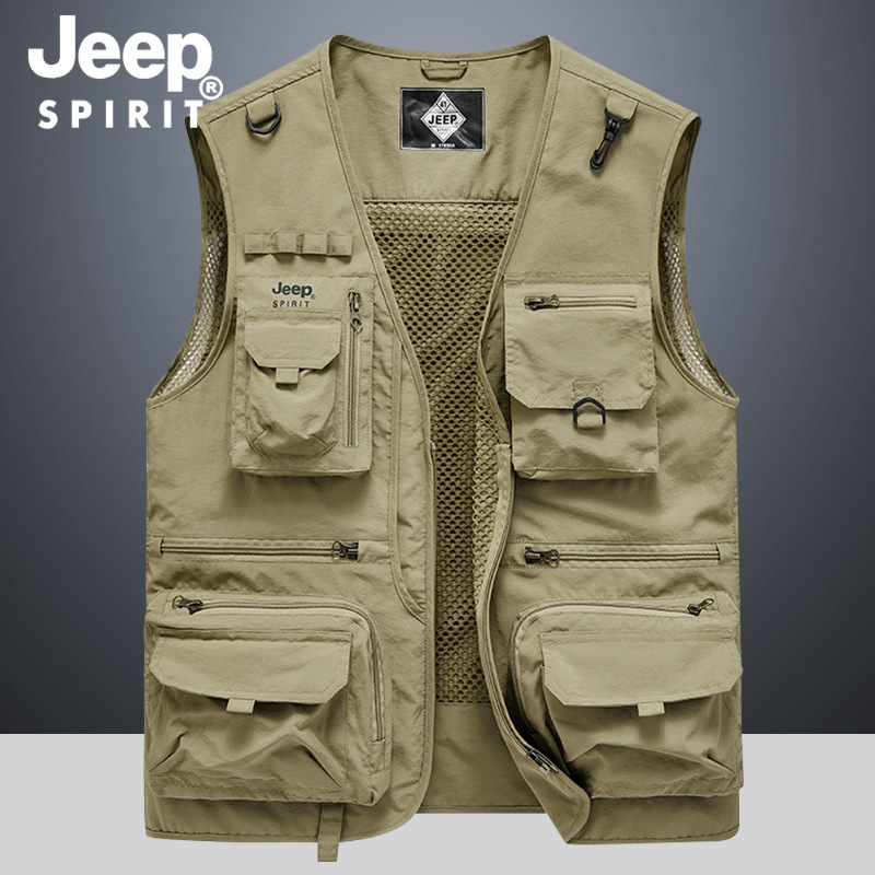 JEEP SPIRIT Outdoor Vest Fishing Clothes Casual Men's Vest Multi-Pocket Sleeveless Waistband Jacket