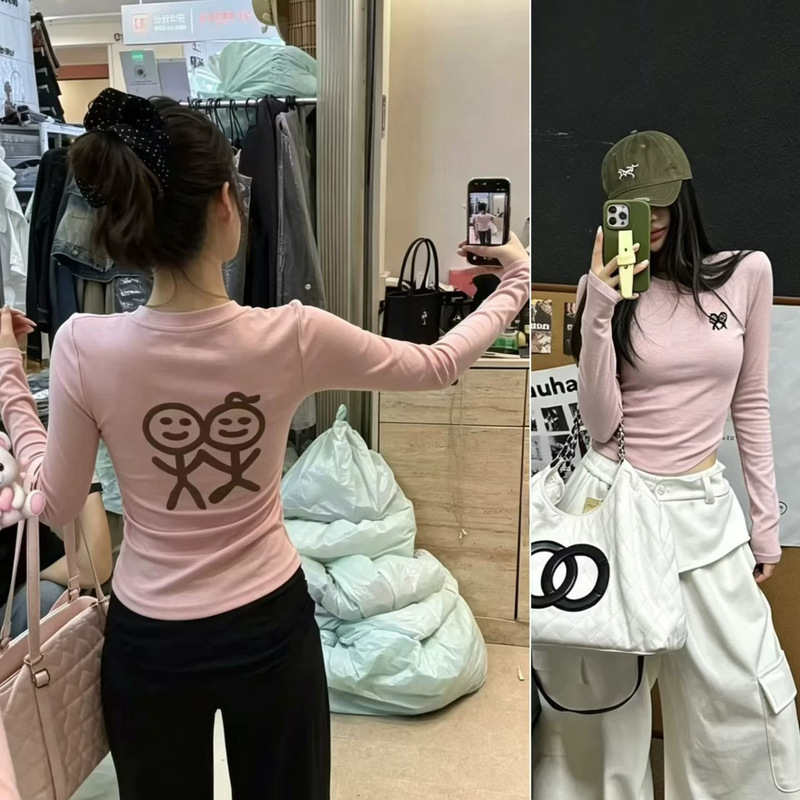 2026 Autumn New Korean Style Fashion Versatile Stretch Slim Fit Double-Sided Matchstick Pattern Long Sleeve T-Shirt for Women 2026 Autumn New Korean Style Fashion Versatile Stretch Slim Fit Double-Sided Matchstick Pattern Long Sleeve T-Shirt for Women
