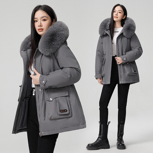 Women's Fashionable Winter 2024 Padded Parka with Hood, Mid-Length Cotton Padded Coat, Fleece-Lined and Thickened Cross-Border Women's Jacket