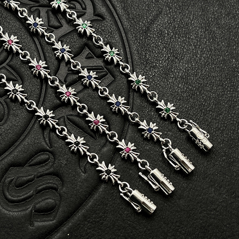 Trendy Bracelet with Diamonds, Thin Cross Flower, Men's and Women's Hand Jewelry, Thai Silver Plated with White Golden Hip-Hop Buckle Insert Bracelet, Classic