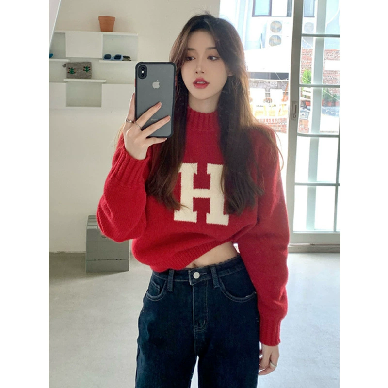 2023 Новый год Осень/Зима Мягкий жаккардовый свитер с надписью для женщин, свободный короткий вязаный топ.