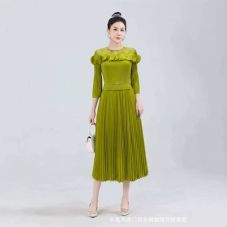 miyake三宅欧美跨境褶皱大码时尚立体装饰百搭通勤显瘦连衣裙长裙