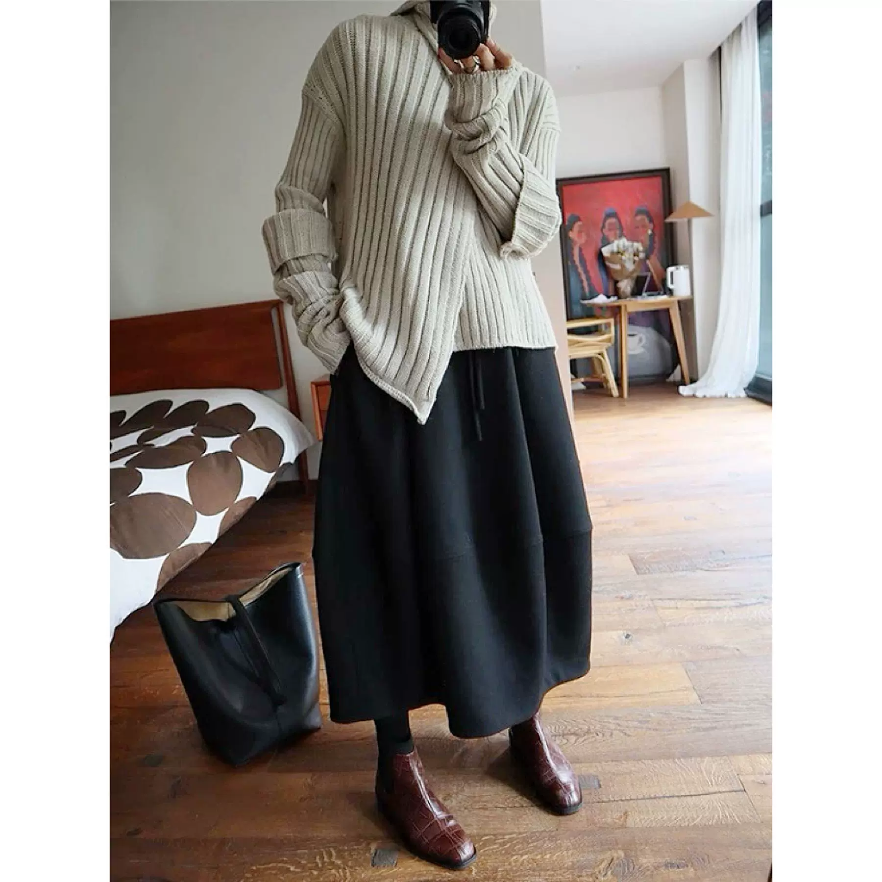 四媛 桑蚕丝羊毛混纺花苞半身裙松紧腰中长款裙子25冬季新品1056