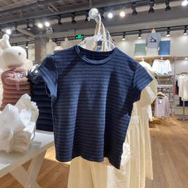 BM风 美式复古zellytop藏蓝条纹圆领短袖显瘦百搭T恤纯欲短上衣女