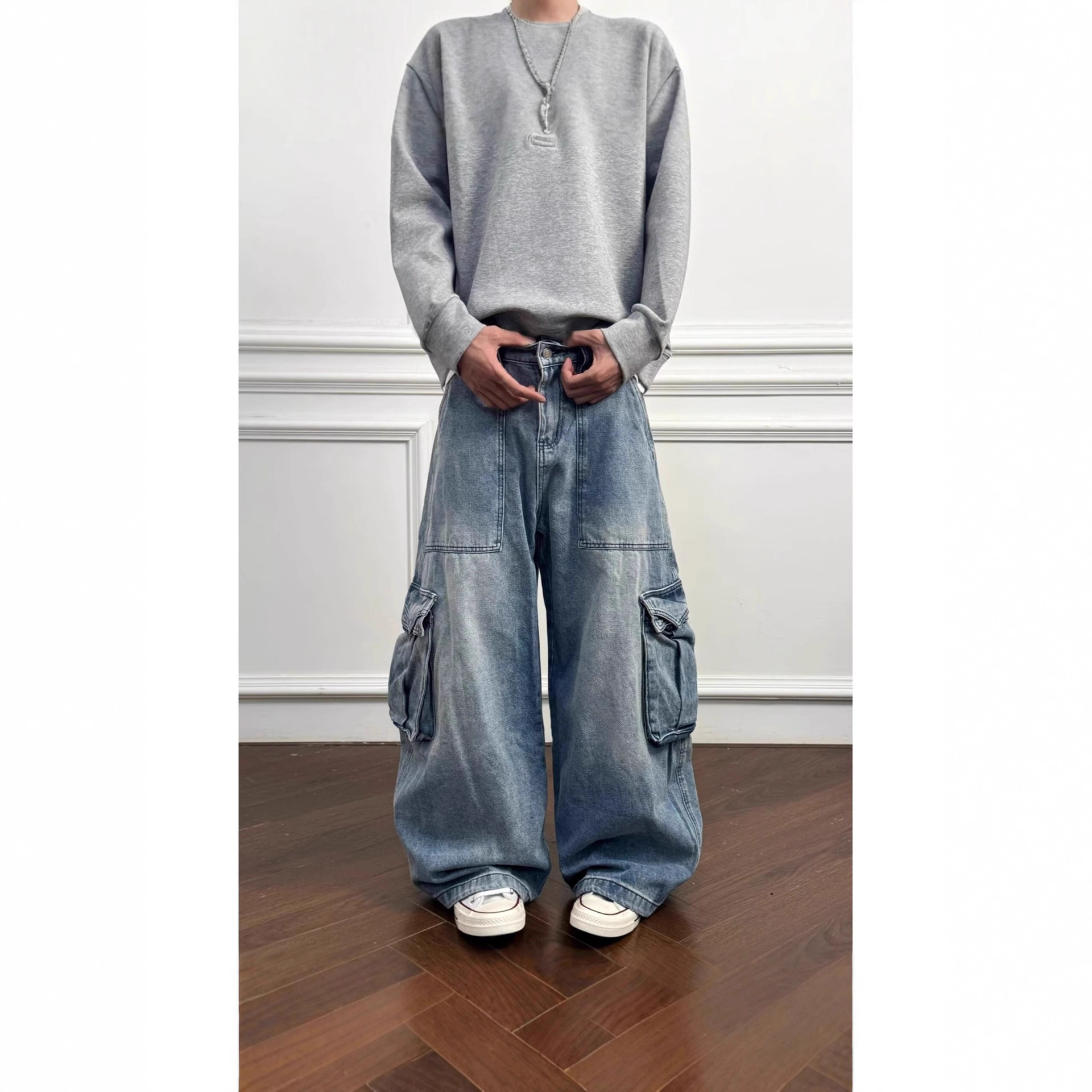 外贸美式复古侧边大口袋弯刀牛仔裤男女春秋宽松阔腿裁剪牛仔裤