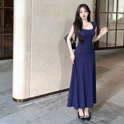 New Korean a-line dress, slim, slimming and square-collar, blue dress, women's summer French-style short-sleeved long dress