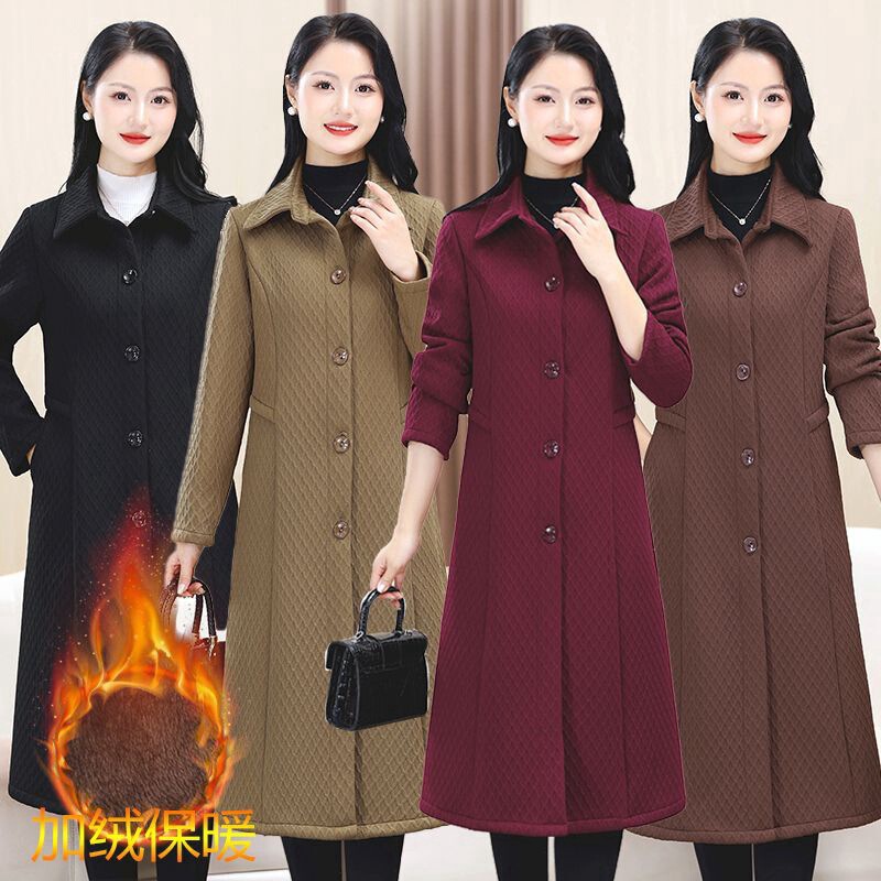 2024 autumn and winter fleece-lined warm bubble cotton windbreaker solid color mother knee windbreaker coat women's long coat