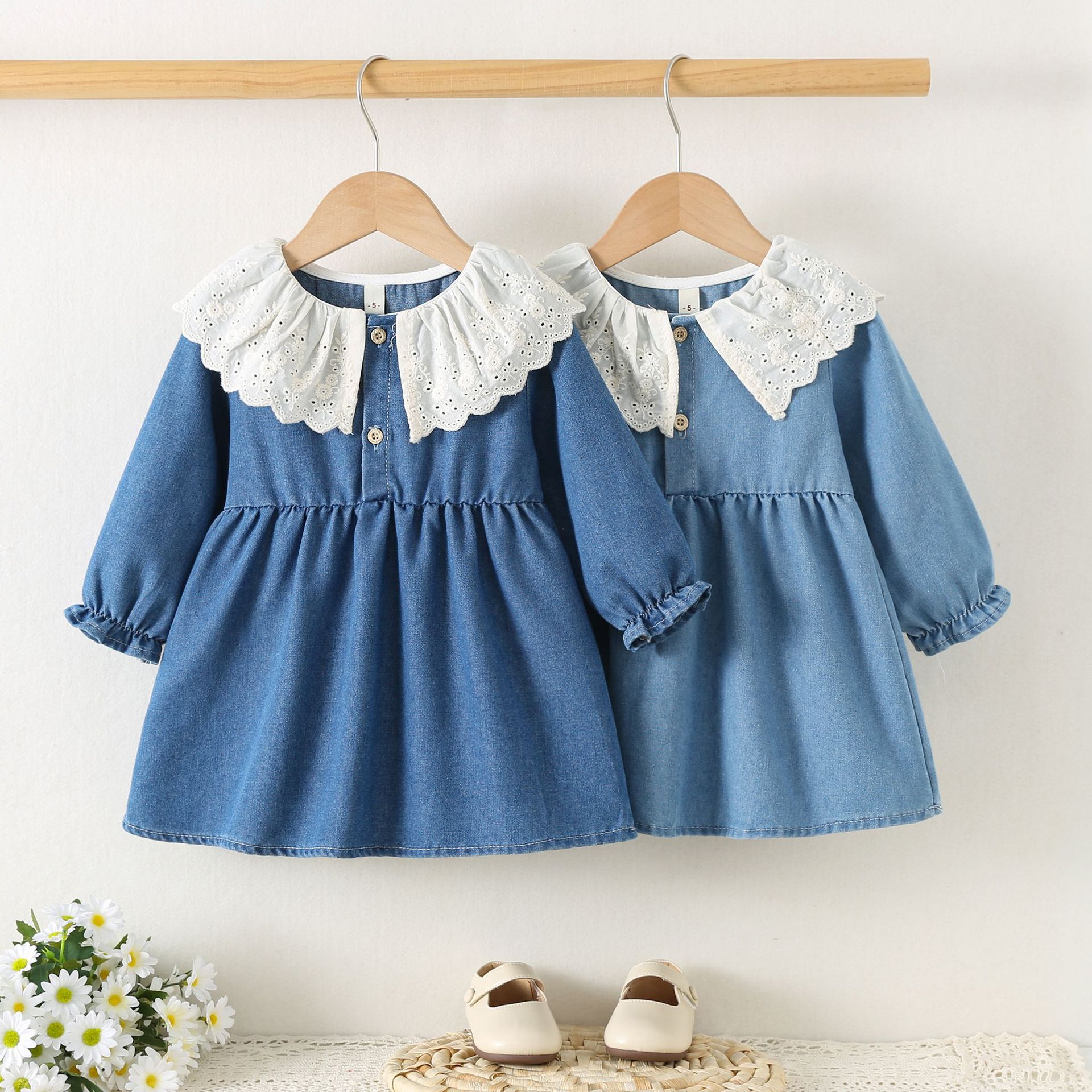 Girls' Dress, Summer Style, New Summer Dress, Baby Girl's Lace Collar Short-Sleeved Summer Denim Skirt 1777