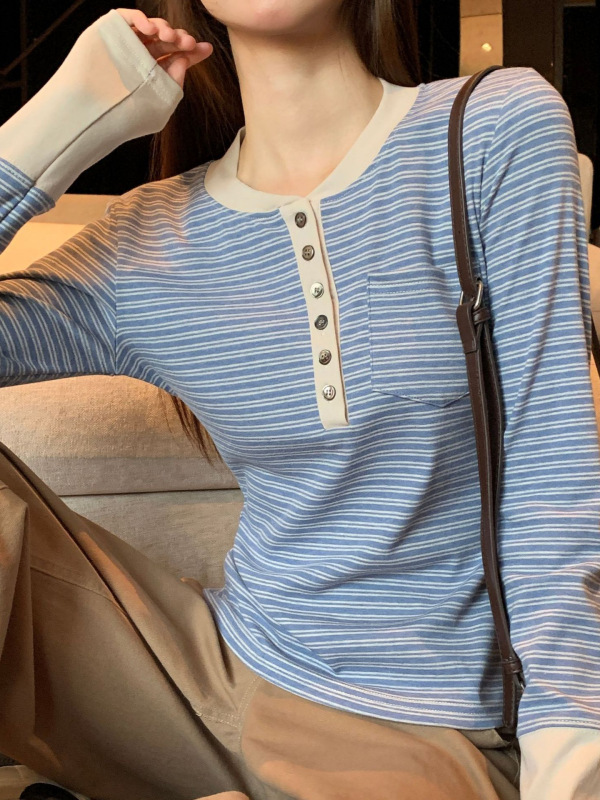 BELLA蓝色条纹假两件亨利领长袖t恤女秋季修身显瘦内搭打底衫上衣|undefined