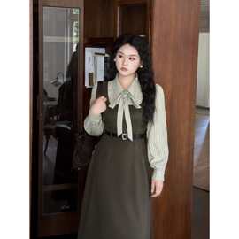 微胖mm绿色学院风森系连衣裙女假两件长袖收腰遮肚大码女装长裙子