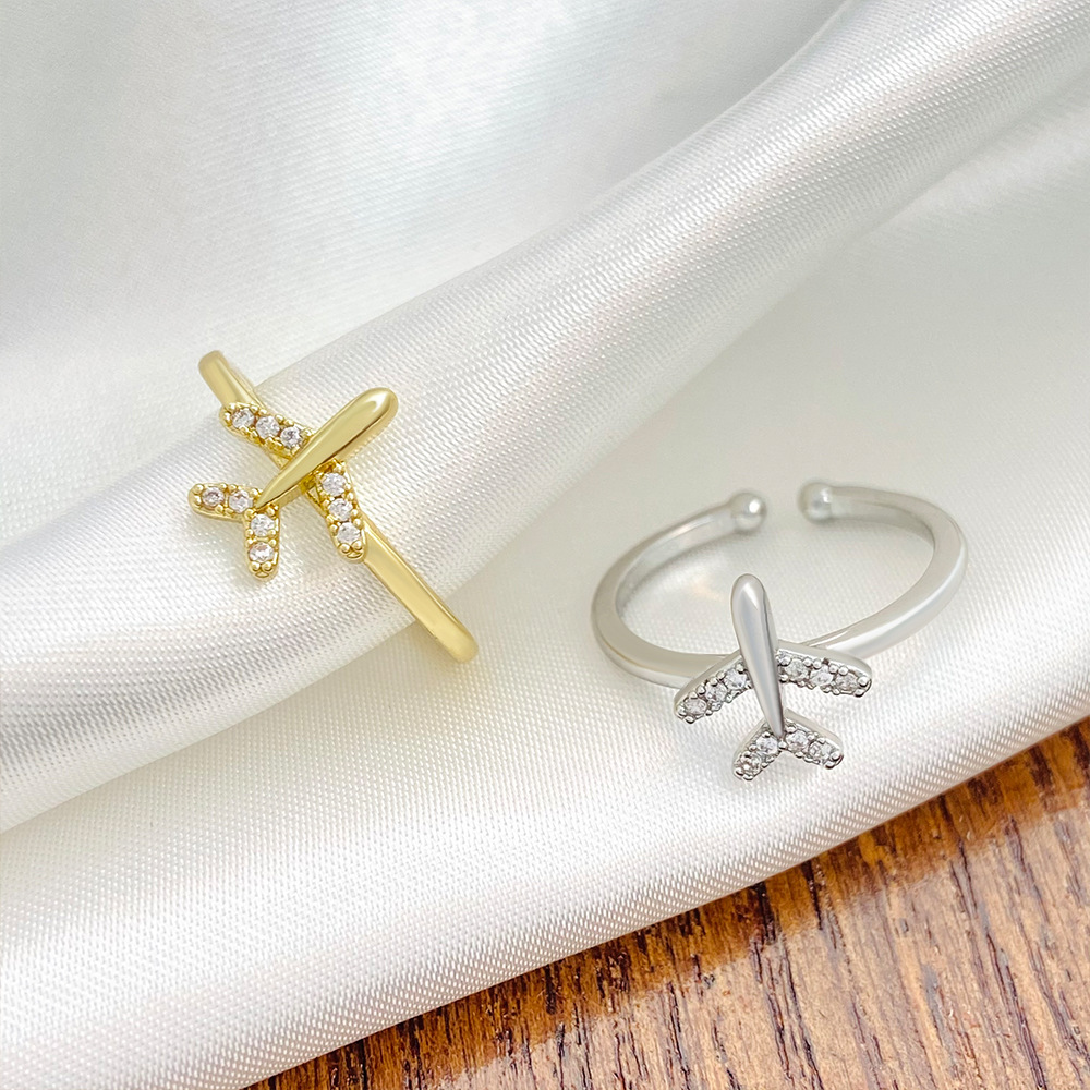Fashion Airplane Copper Hollow Out Inlay Zircon Open Ring 1 Piece