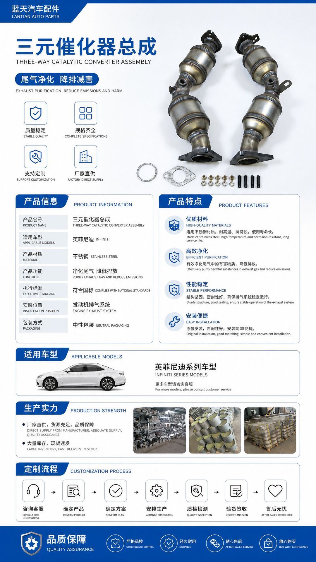Cross-border applicable Infiniti three-way catalytic converter, automotive exhaust purification assembly, three-way catalytic converter