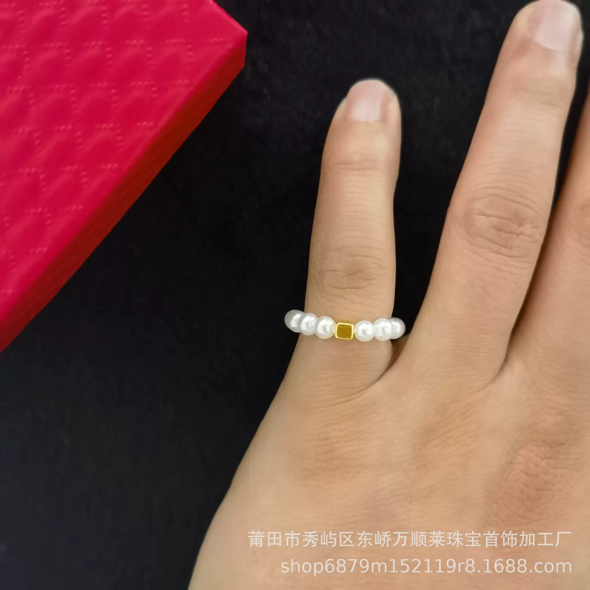 硬足金方糖白贝珠戒指金店会销引流进店礼品厂家直销批发珍珠