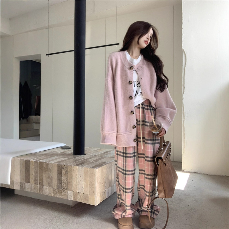 温柔气质甜酷风毛衣外套开衫+粉色格纹毛呢阔腿裤两件套女秋冬|undefined