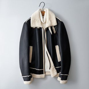Lapel fur coat men's winter warm thickened faux sheepskin short leather jacket handsome motorcycle jacket