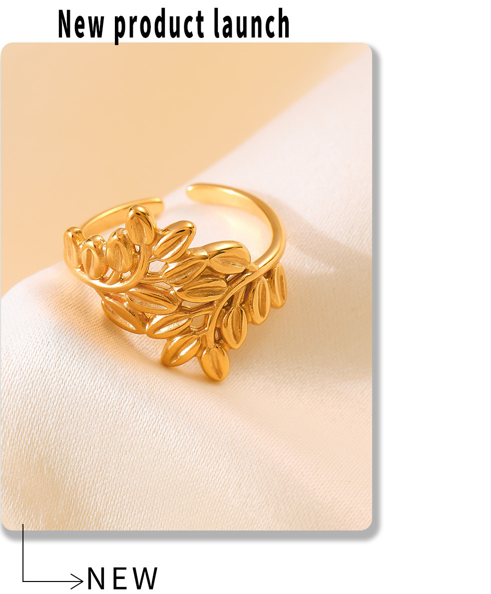 Anello aperto in acciaio inossidabile con linea cava, alla moda, non sbiadisce, bracciale con anello da donna con foglia di temperamento_voghion.com