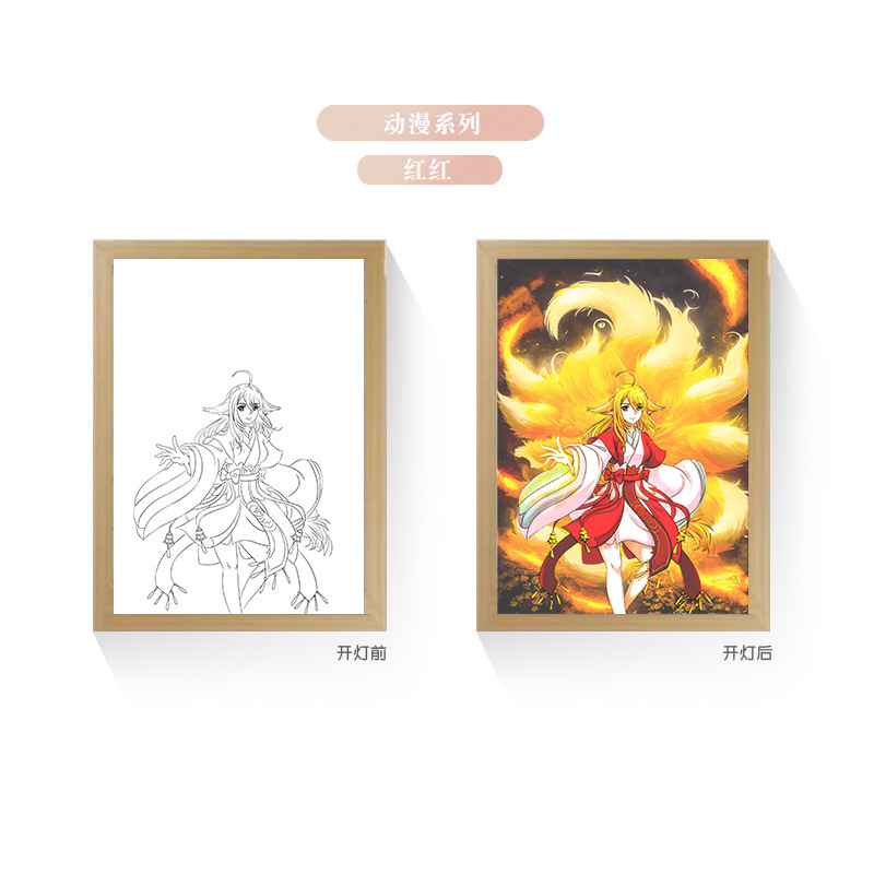 Tres colores TikTok popular pintura ligera de dibujos animados dormitorio noche pintura luminosa marco de fotos de madera maciza creativo bricolaje fabricante