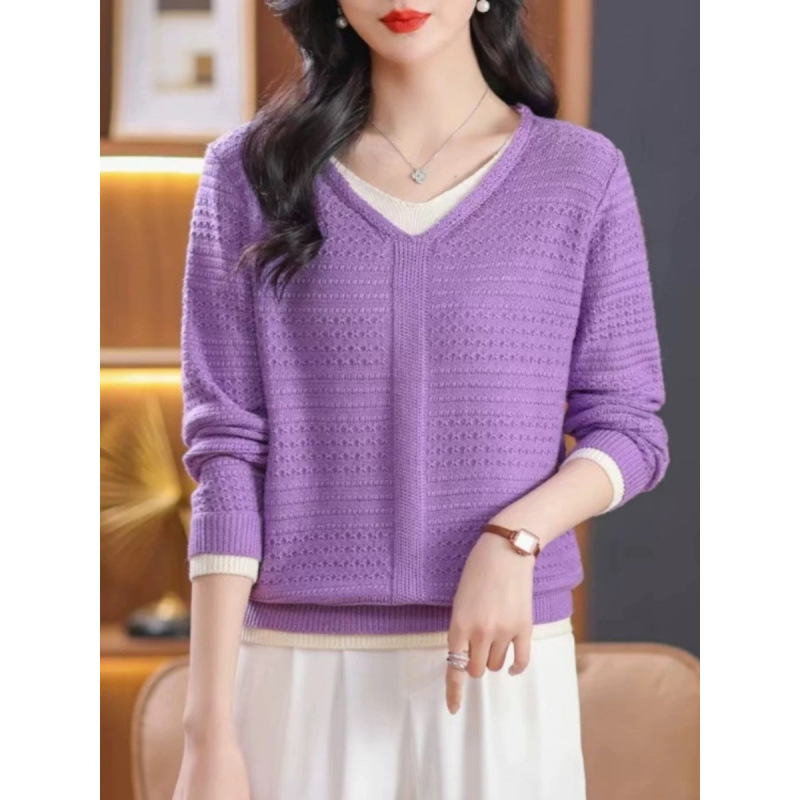 Suéter de pluma falso de dos piezas hermosa camisa de otoño 2025 nuevo cuello en v camisa de punto de fondo suéter delgado de estilo occidental para mujeres