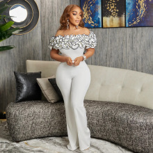 C8593跨境女装2024新款露肩一字领荷叶边性感高腰纯色非洲连体裤