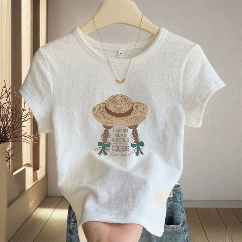 White Cotton-Linen Textured Short-Sleeve T-Shirt for Women, 2026 New Summer Stylish Slim-Fit Printed Top