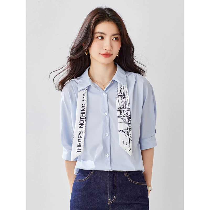 Французский уникальный шелковый шарф с короткими рукавами рубашка женский 2025 летний новый дизайн чувство нишевый синий топ