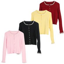 春秋新款圆领针织开衫纯色订珠修身气质上衣法式小香风长袖针织衫