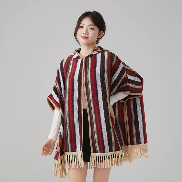 New Ethnic Style Shawl Travel Outfit Striped Tassel Hooded Cape Coat Fashionable Warm Scarf Cape for Women