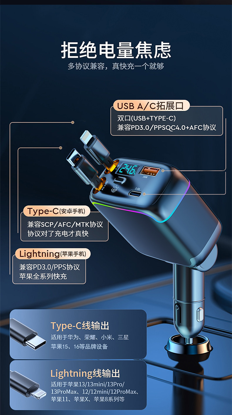 New 120W Car Charger Super Fast Charging with Four-Port Retractable Cable and Digital Display Cigarette Lighter Adapter for Cross-Border Use