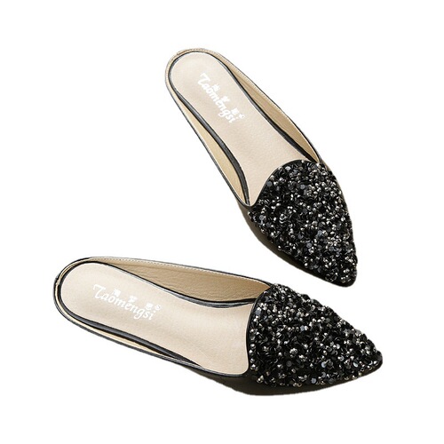 Sandals Women's 2024 Baotou Half Slippers Women's Summer Pointed Toe Rhinestone Roman Sandals Flat Sandals Soft Soled Peas Shoes