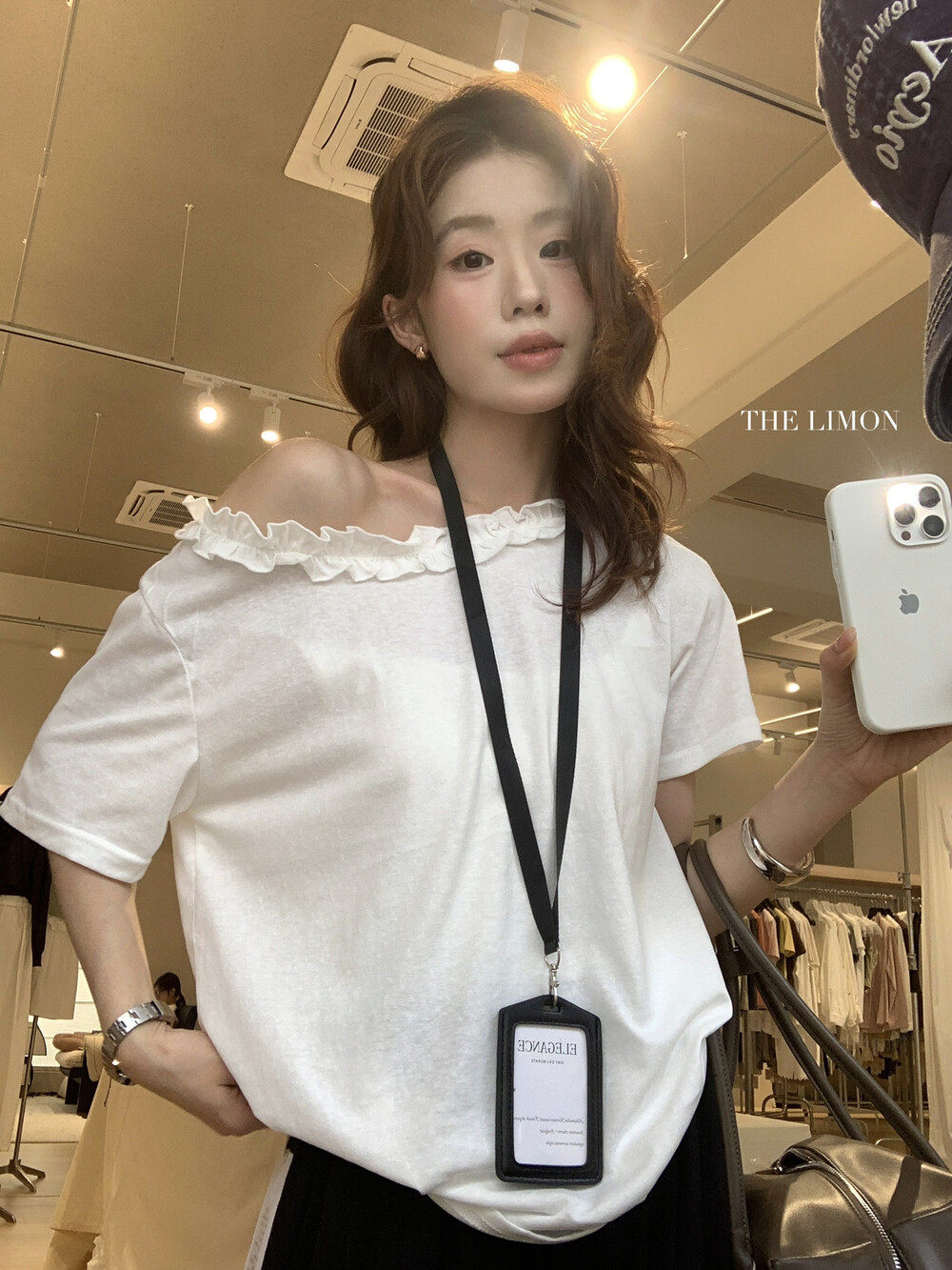 Áo thun nữ tay ngắn cổ lệch vai kết hợp ren bèo nhún phong cách Pháp — màu đen, màu trắng, Tro xi măng, Bột tím chi tiết 21
