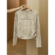 2024新款不规则扎染正肩长袖t恤女美式甜辣风修身短款打底衫上衣