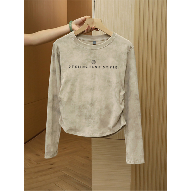 2024新款不规则扎染正肩长袖t恤女美式甜辣风修身短款打底衫上衣