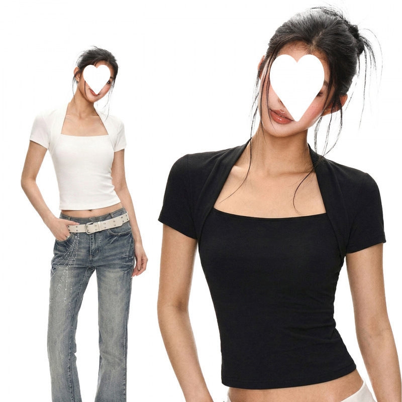 Black Square-Neck, Straight-Shoulder, Short-Sleeved T-Shirt for Women, Summer Slim-Fit, Waist-Cinching Design, Short Top Black Square-Neck, Straight-Shoulder, Short-Sleeved T-Shirt for Women, Summer Slim-Fit, Waist-Cinching Design, Short Top