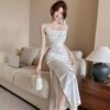 Sexy floral patchwork satin long dress