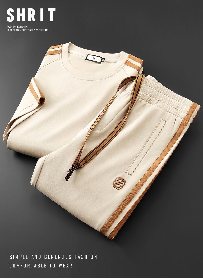 Lightweight Summer Men's 2-Piece Set Breathable Modal Cotton Short Sleeve T-Shirt & Straight Leg Pants With Minimalist Embroidery_viptrois.com