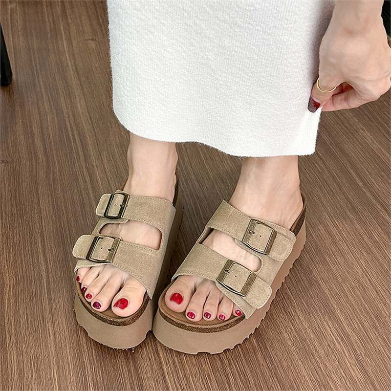 香港7厘米小个子厚底勃肯拖鞋女2025夏季外穿真皮博肯松糕鞋