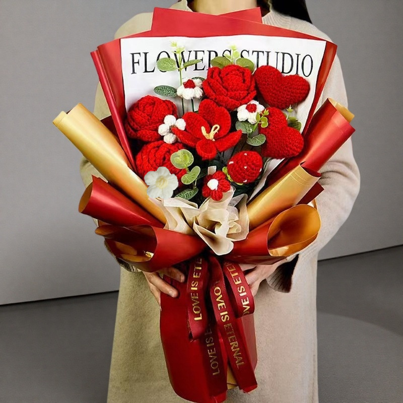 Ramo de lana femenina de cumpleaños, producto práctico terminado, tulipán rosa, ganchillo hecho a mano, paquete de material de bricolaje al por mayor