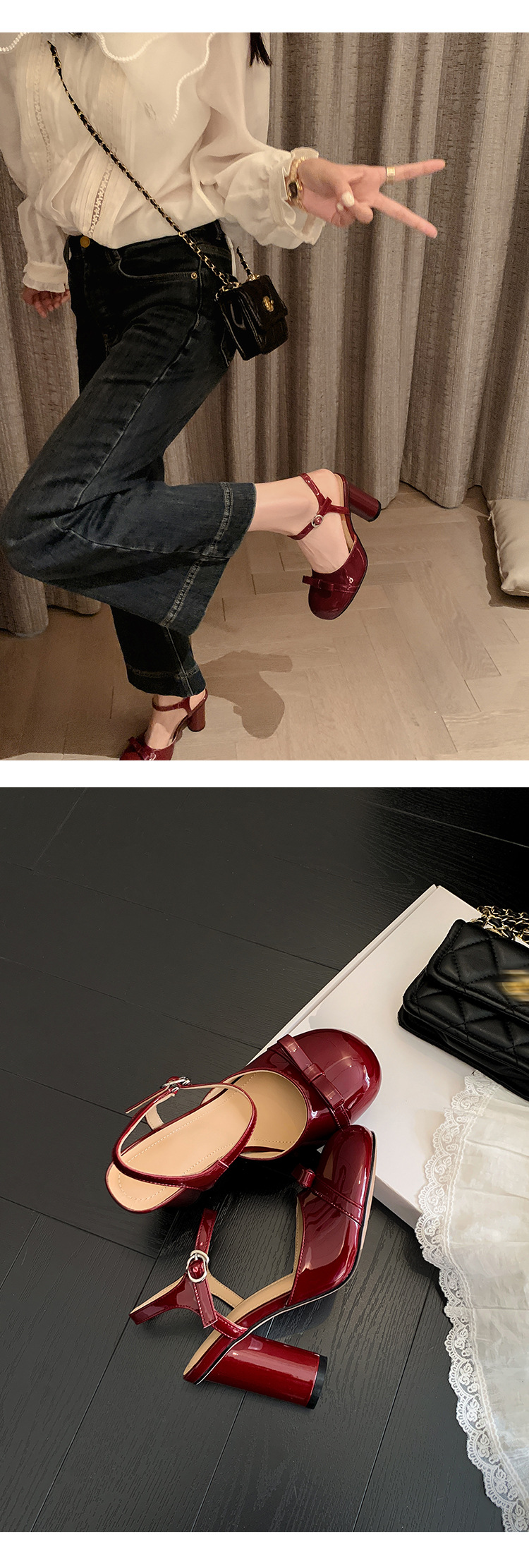 Sandal cao gót nữ mũi nhọn quai ngang nơ bướm, gót vuông ổn định — màu đen, Rượu vang đỏ, màu mơ chi tiết 21