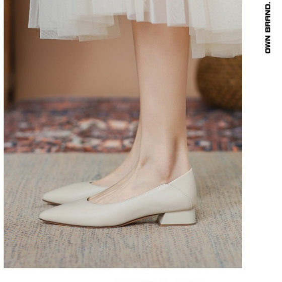 Pointed Genuine Leather Shallow Soft Bottom Low Heel Work Shoes 2023 New Work Interview Professional Thick Heel Soft Leather Single Shoes for Women