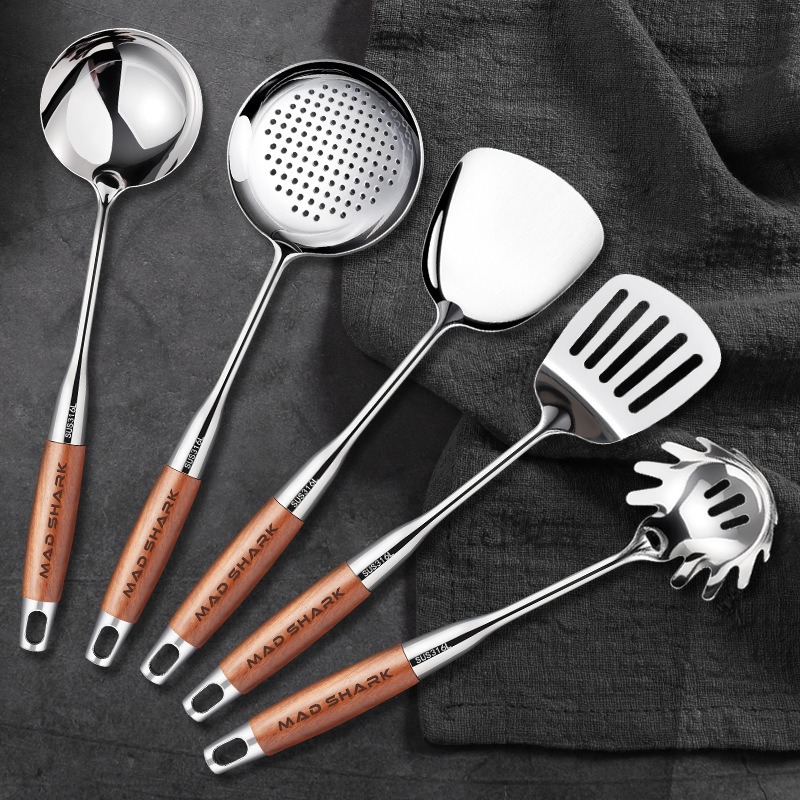 Tiburón salvaje flor de pera de madera casera 316 cocina de acero inoxidable pala de cocina frita set cucharas cocina marco