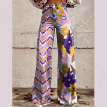 2025数码印花五角星假牛仔女士3D女长裤喇叭阔腿裤