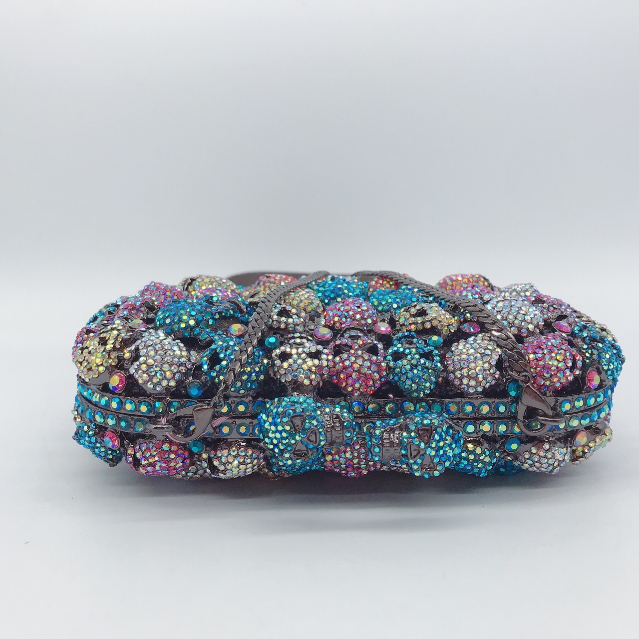 Túi clutch nữ đính đá pha lê họa tiết đầu lâu ma, phong cách Âu Mỹ, kích thước 15×9.5×4.5 cm — Màu đen
