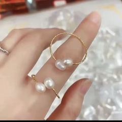 天然淡水珍珠戒指 水滴米形珍珠彈力開口鍍真金戒指 直播網紅飾品
