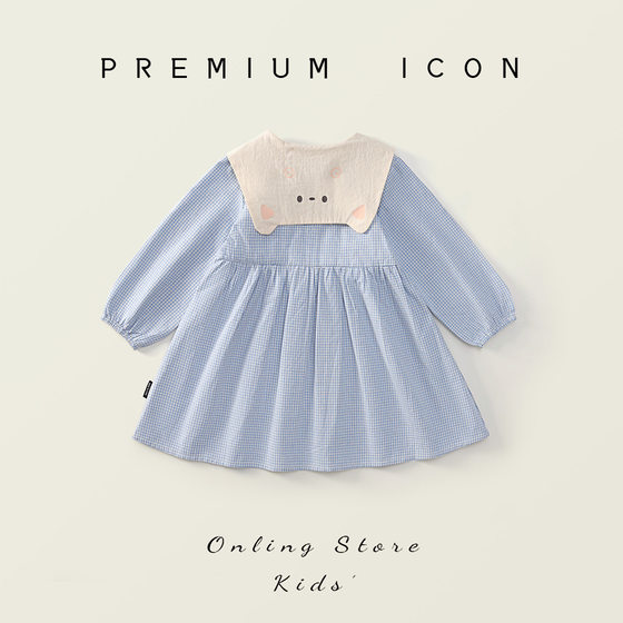 Girls blue plaid dress 2025 spring new female baby Korean lapel long sleeve skirt a generation of hair