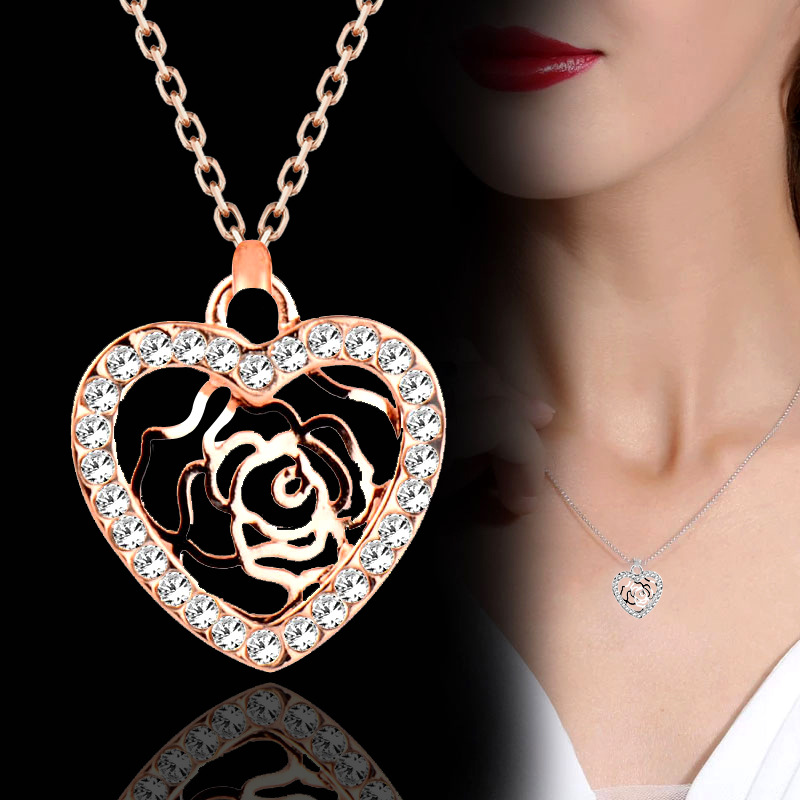 Fashion Heart Shape Rose Alloy Plating Inlay Rhinestones Pendant Necklace 1 Piece