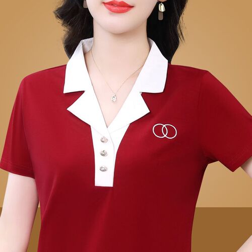 100% high-quality mom lapel short-sleeved t-shirt women's summer new polo middle-aged sports and casual shirt large size