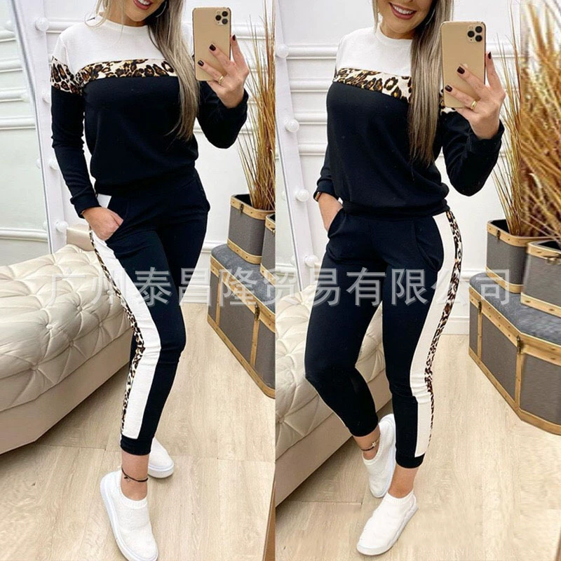 Wish Amazon Европейский и американский экспорт новая женская одежда с леопардовым принтом повседневный костюм с длинными рукавами и круглым вырезом толстовка с маленькими штанинами